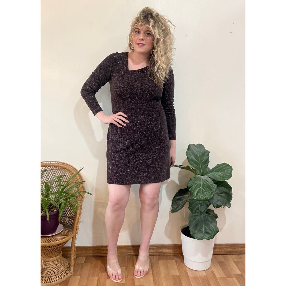 90s Chocolate Brown Asymmetrical Neckline Sparkle Stretch Dress
